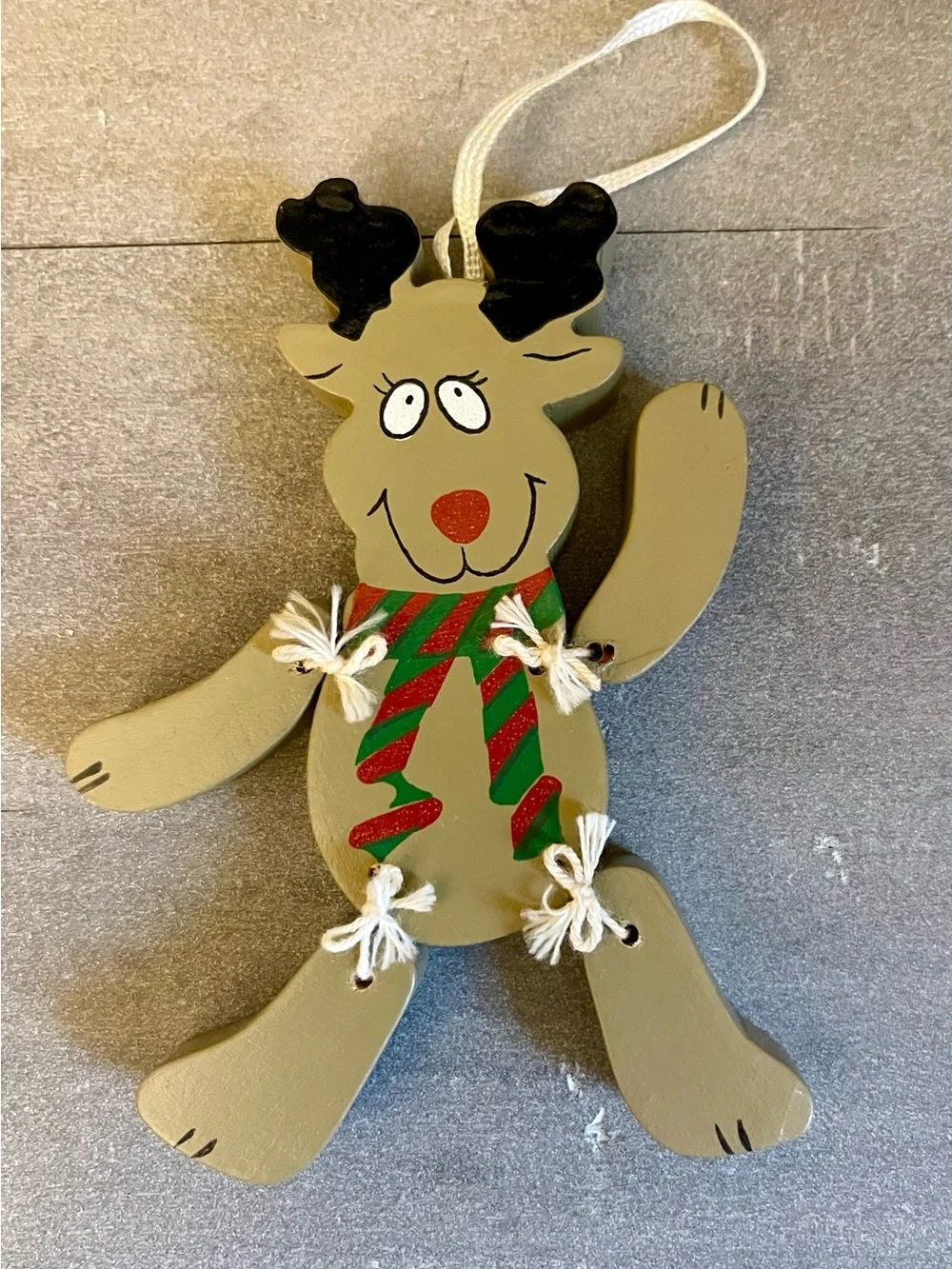 1990s Wooden Reindeer Ornament with Green & Red Scarf
